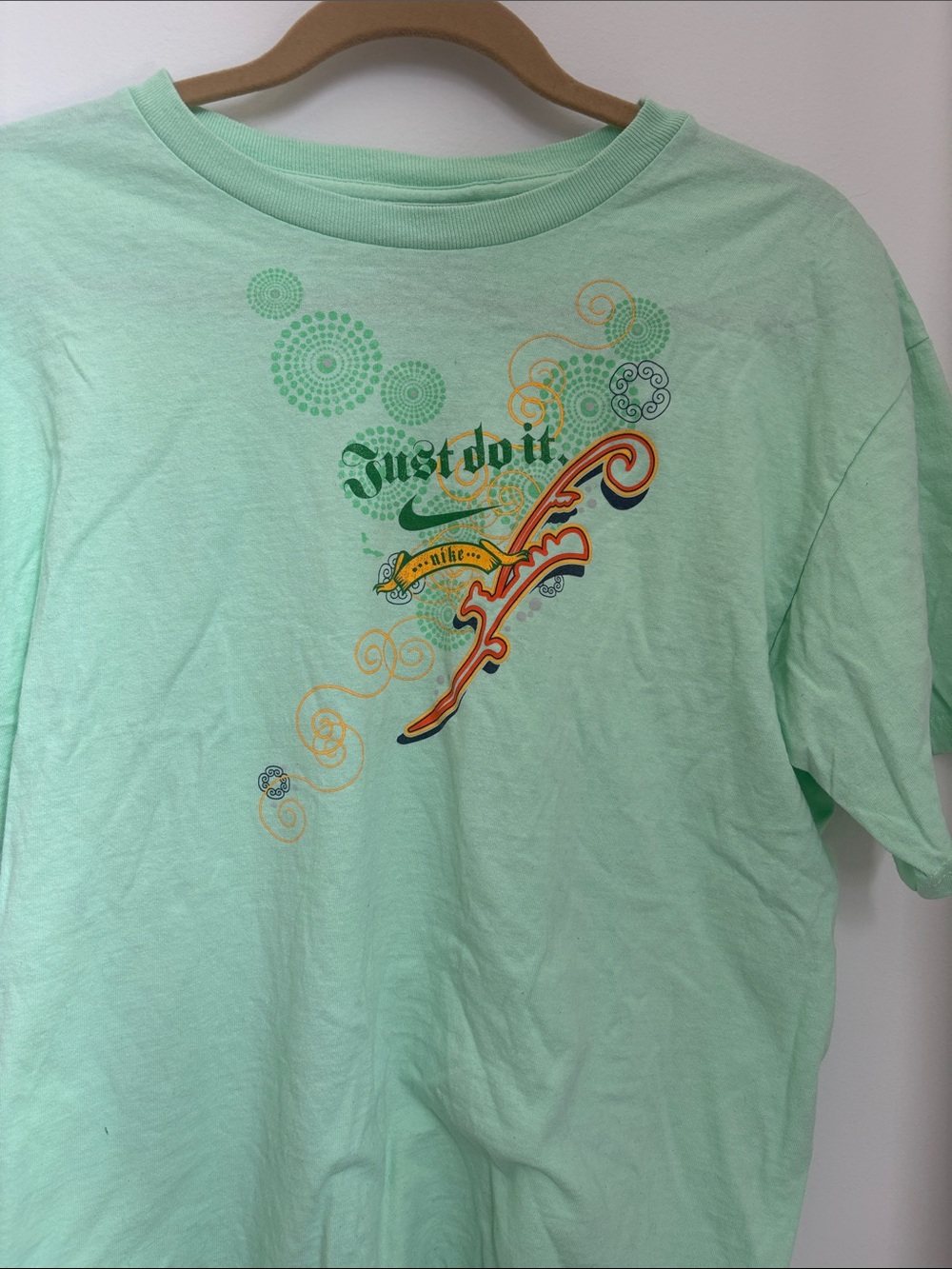 Nike Mint Green Graphic 'Just Do It' Tee with Orange & Navy Accents